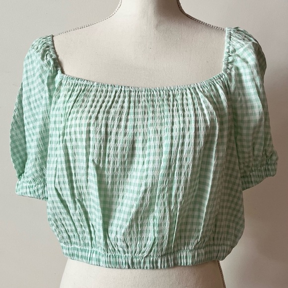 Elodie / Anthropologie Women's Checkered Ruffle Sleeves Crop Top Green Size XL - Picture 2 of 6